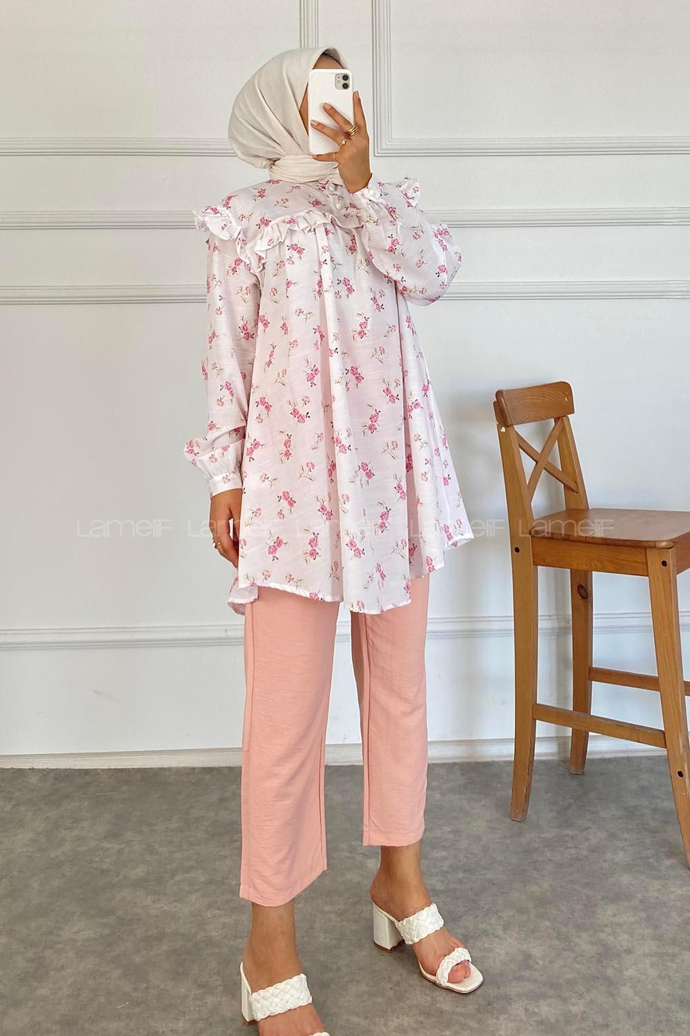 Modalamelif Gül Desenli Fırfırlı Tunik Ekru Pembe