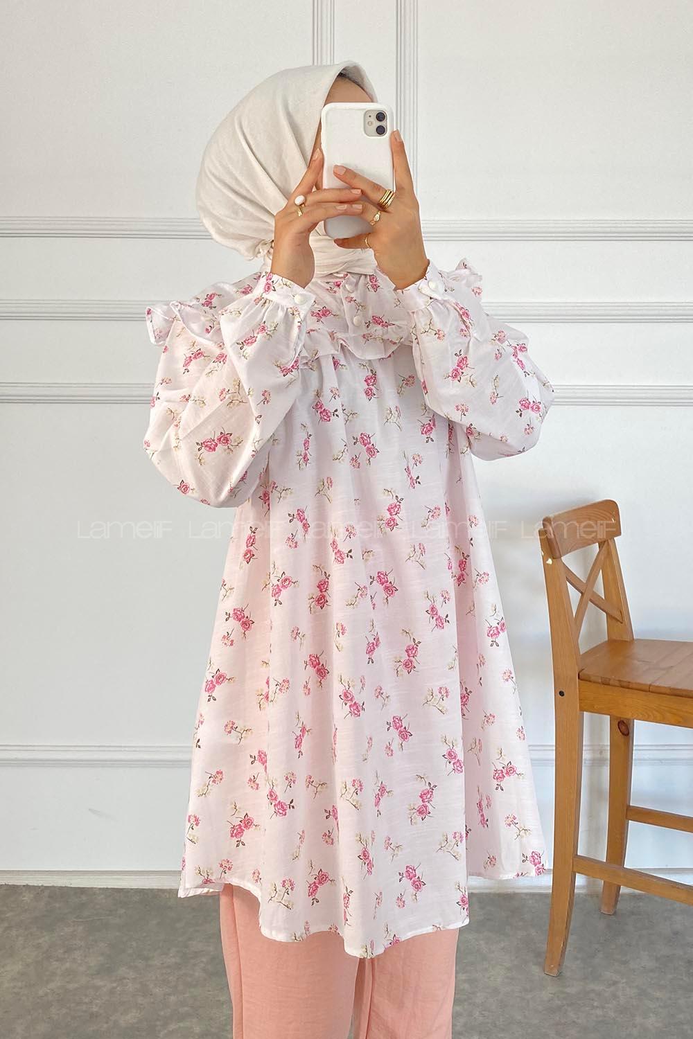Modalamelif Gül Desenli Fırfırlı Tunik Ekru Pembe