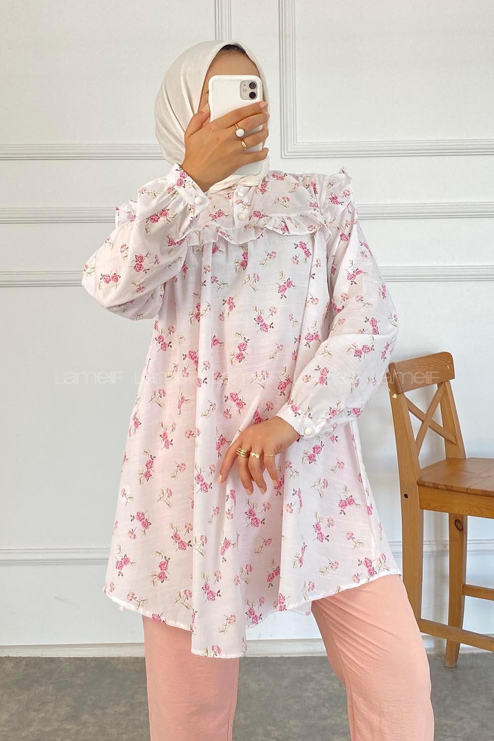 Modalamelif Gül Desenli Fırfırlı Tunik Ekru Pembe