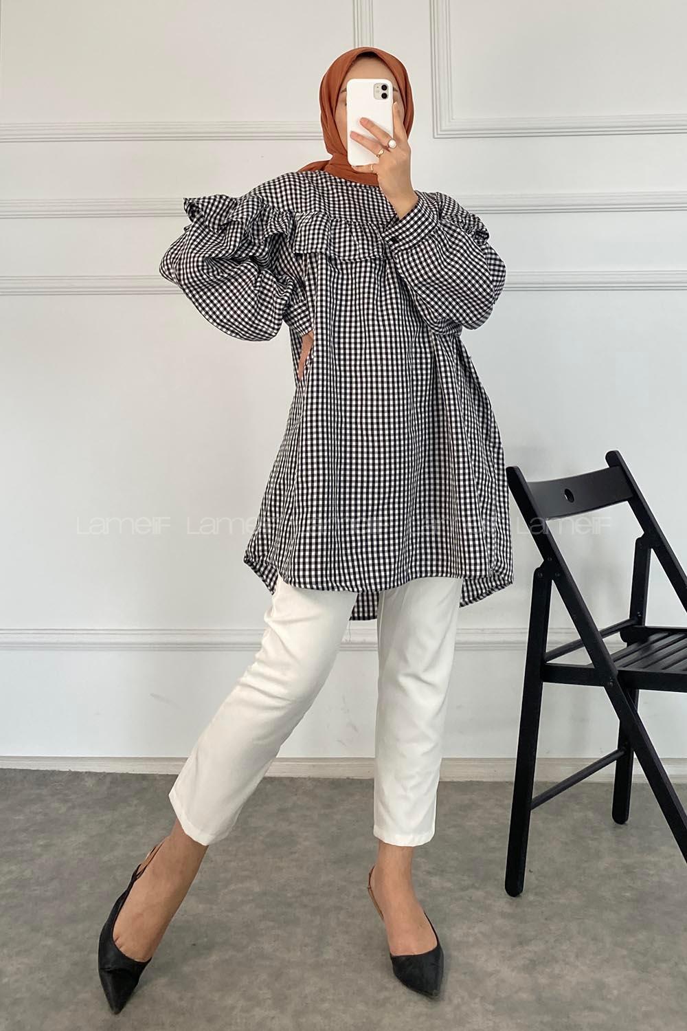 Modalamelif Kareli Büzgülü Tunik Siyah