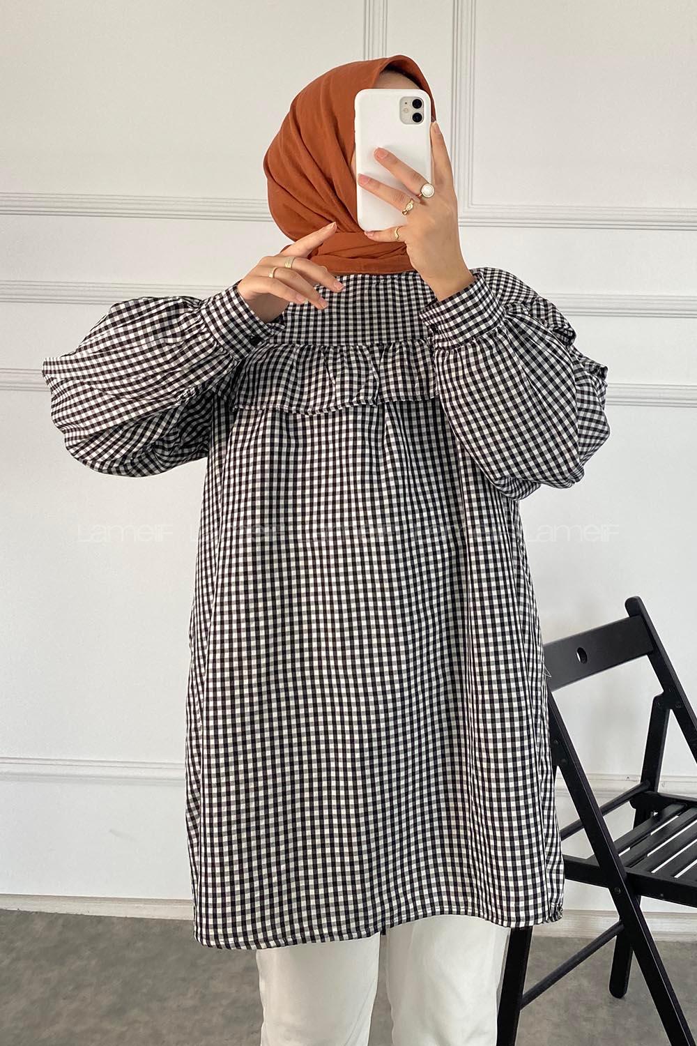 Modalamelif Kareli Büzgülü Tunik Siyah