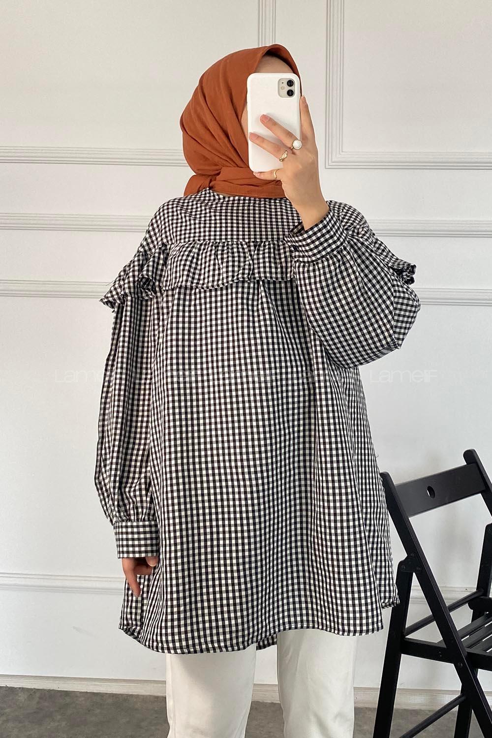 Modalamelif Kareli Büzgülü Tunik Siyah