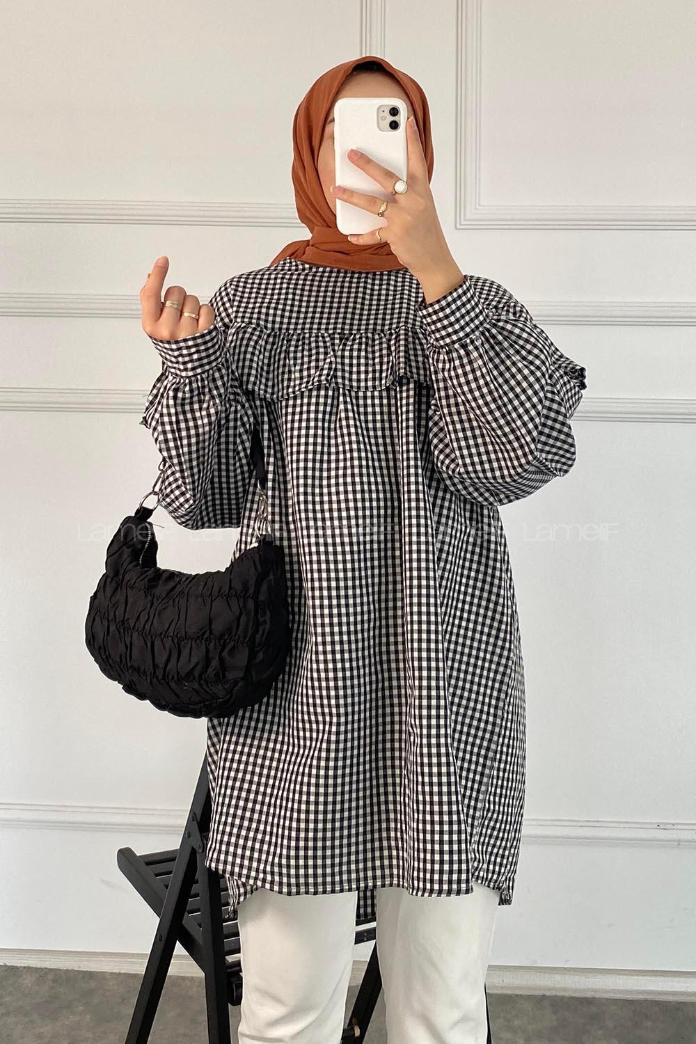 Modalamelif Kareli Büzgülü Tunik Siyah