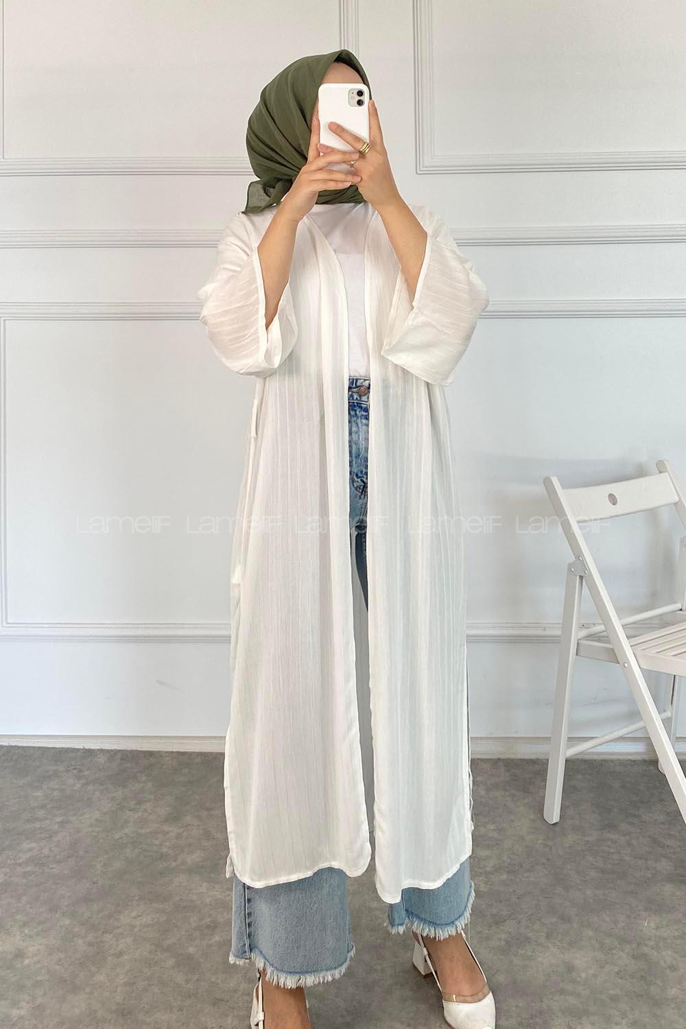 Modalamelif Kısa Kollu Kuşak Bağlamalı Kimono Beyaz