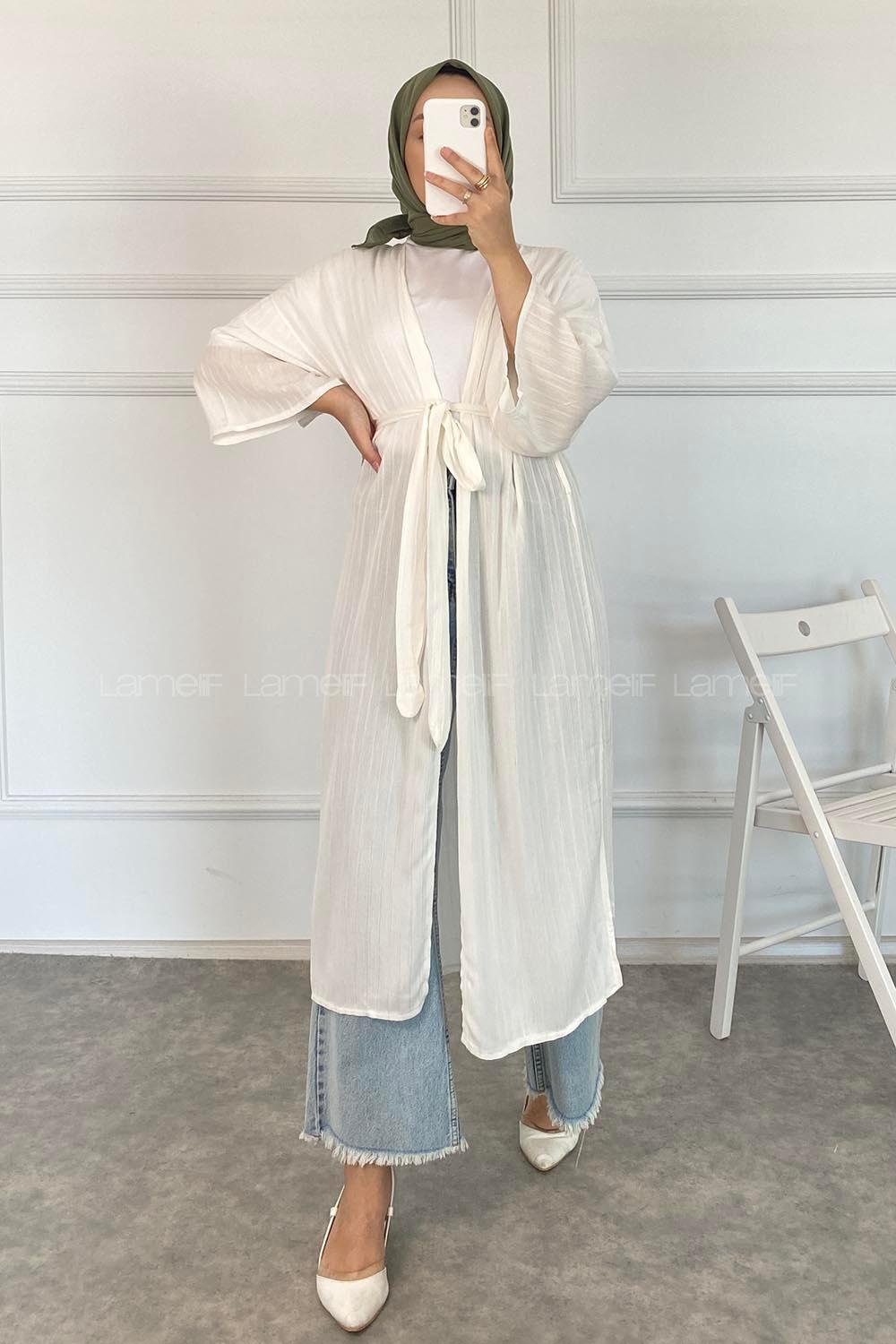 Modalamelif Kısa Kollu Kuşak Bağlamalı Kimono Beyaz