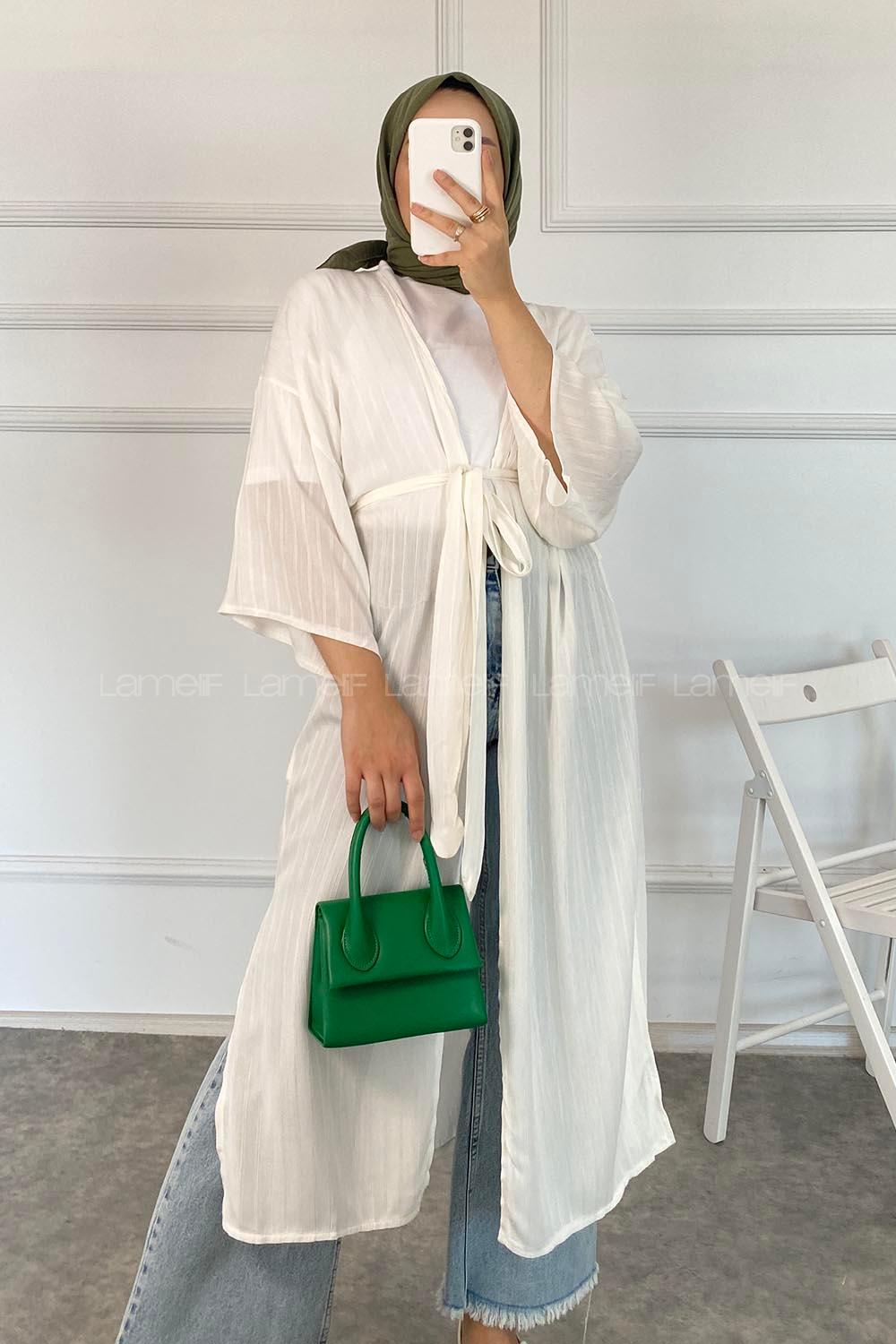 Modalamelif Kısa Kollu Kuşak Bağlamalı Kimono Beyaz