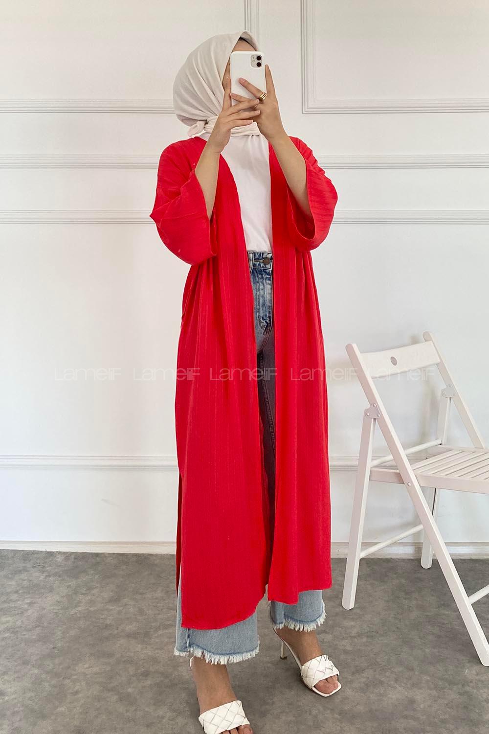 Modalamelif Kısa Kollu Kuşak Bağlamalı Kimono Kırmızı