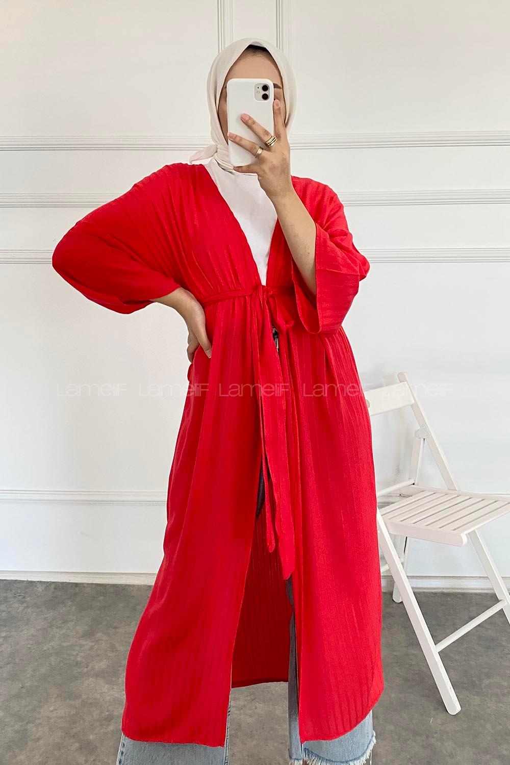 Modalamelif Kısa Kollu Kuşak Bağlamalı Kimono Kırmızı