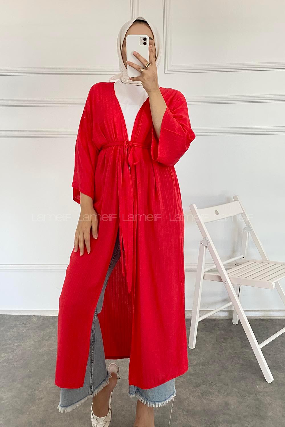 Modalamelif Kısa Kollu Kuşak Bağlamalı Kimono Kırmızı