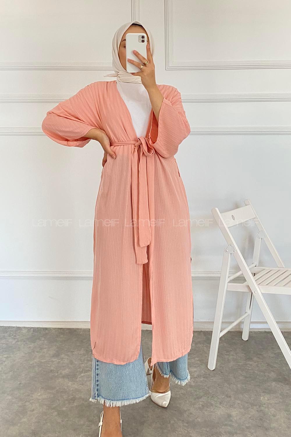 Modalamelif Kısa Kollu Kuşak Bağlamalı Kimono Pembe