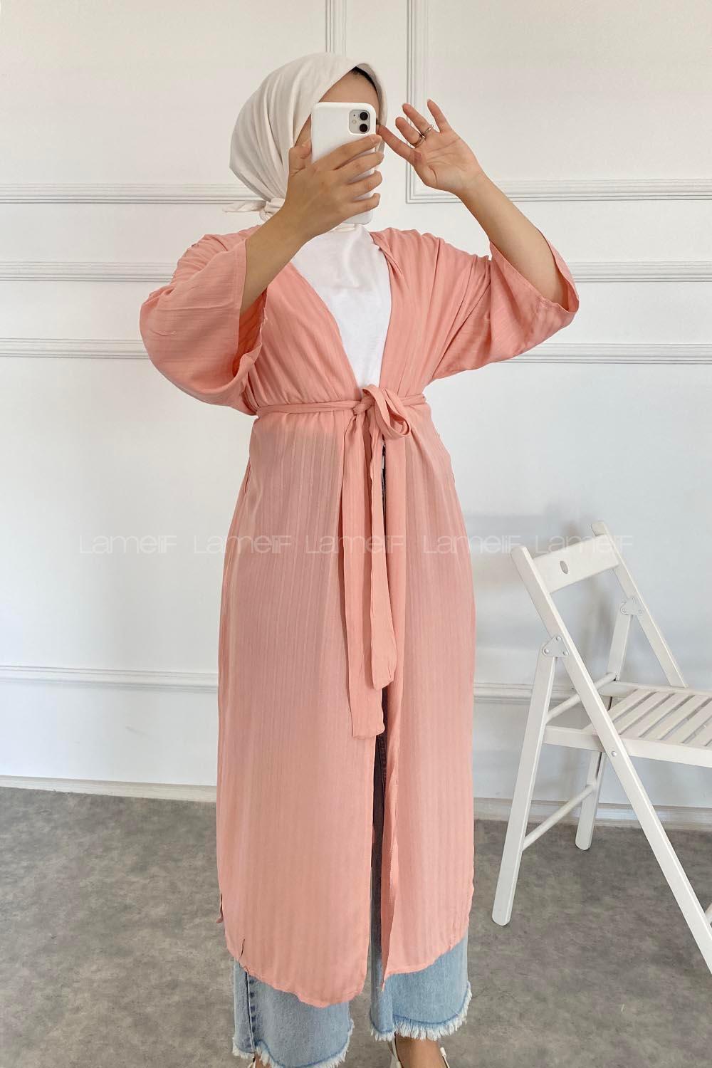 Modalamelif Kısa Kollu Kuşak Bağlamalı Kimono Pembe