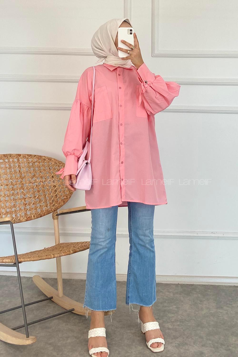 Modalamelif Kuşgözü Bağcıklı Çift Cepli Gömlek Pembe