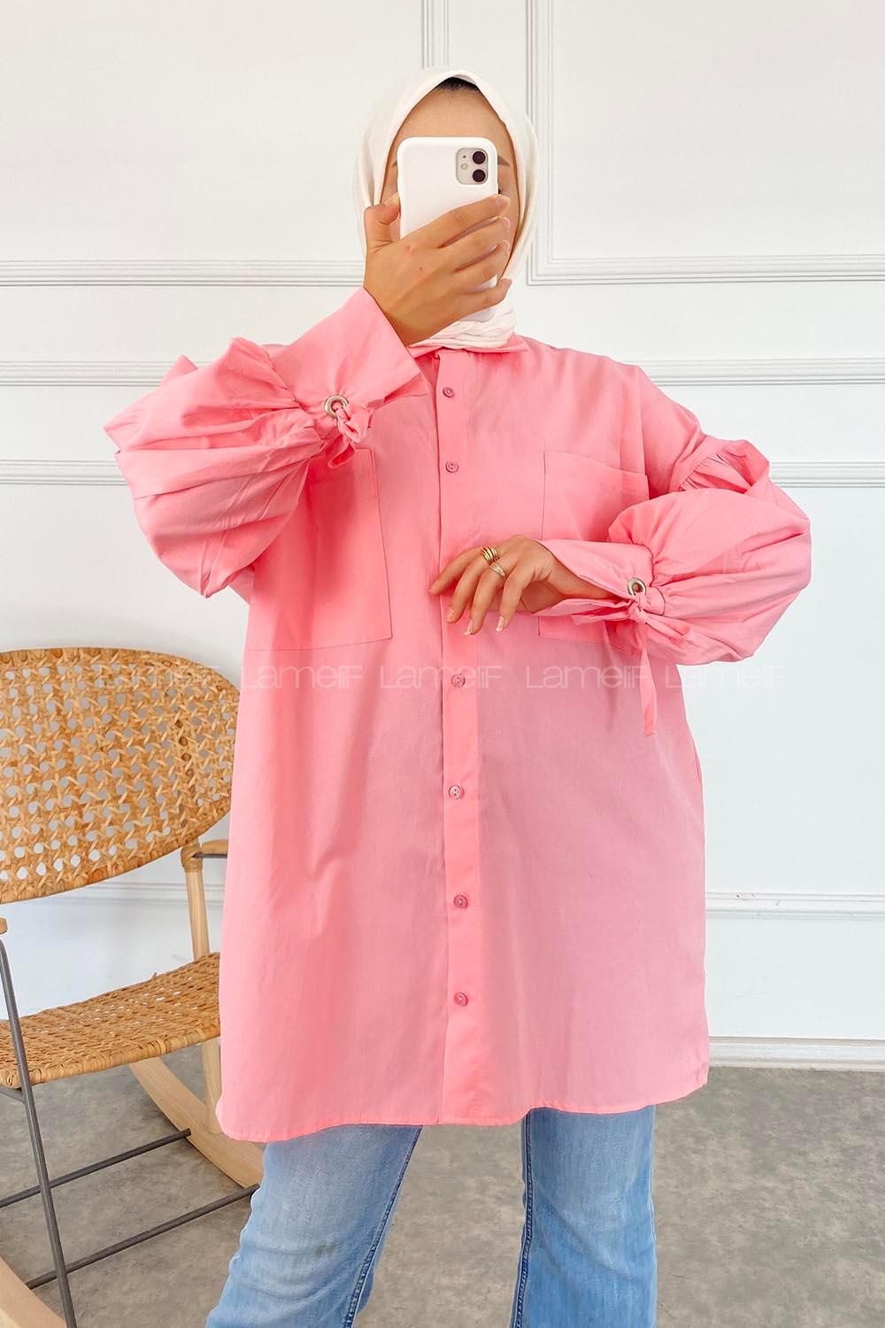 Modalamelif Kuşgözü Bağcıklı Çift Cepli Gömlek Pembe