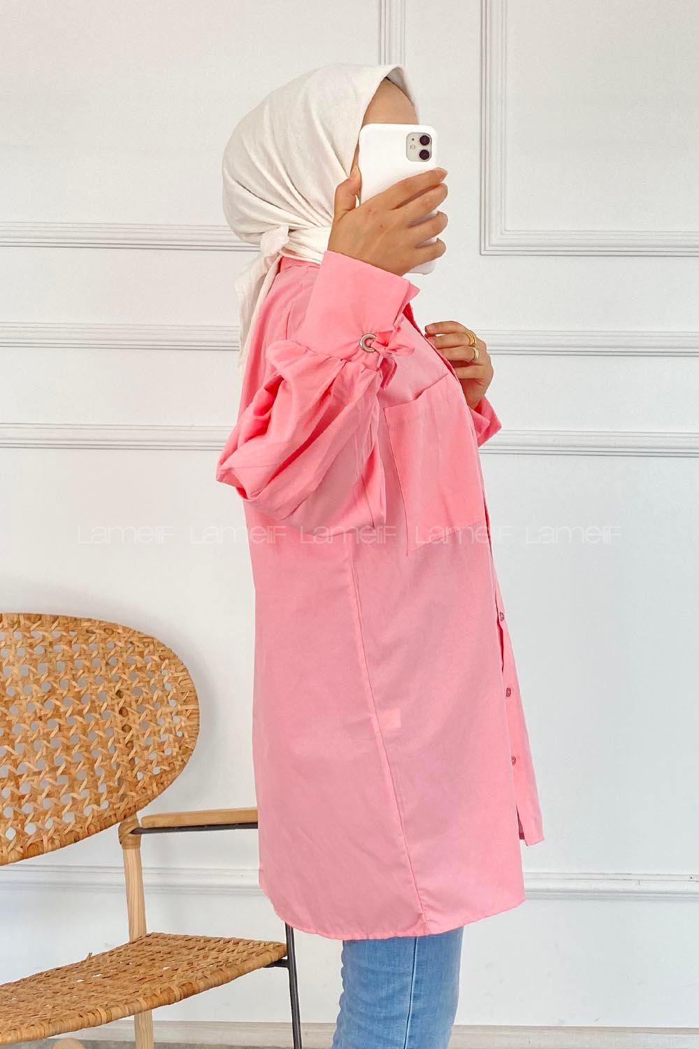 Modalamelif Kuşgözü Bağcıklı Çift Cepli Gömlek Pembe