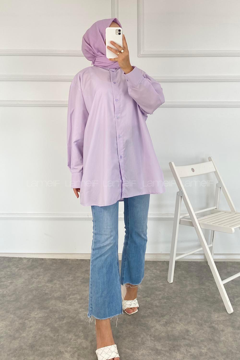 Modalamelif Önü Arka Düğme Detaylı Gömlek Tunik Lila