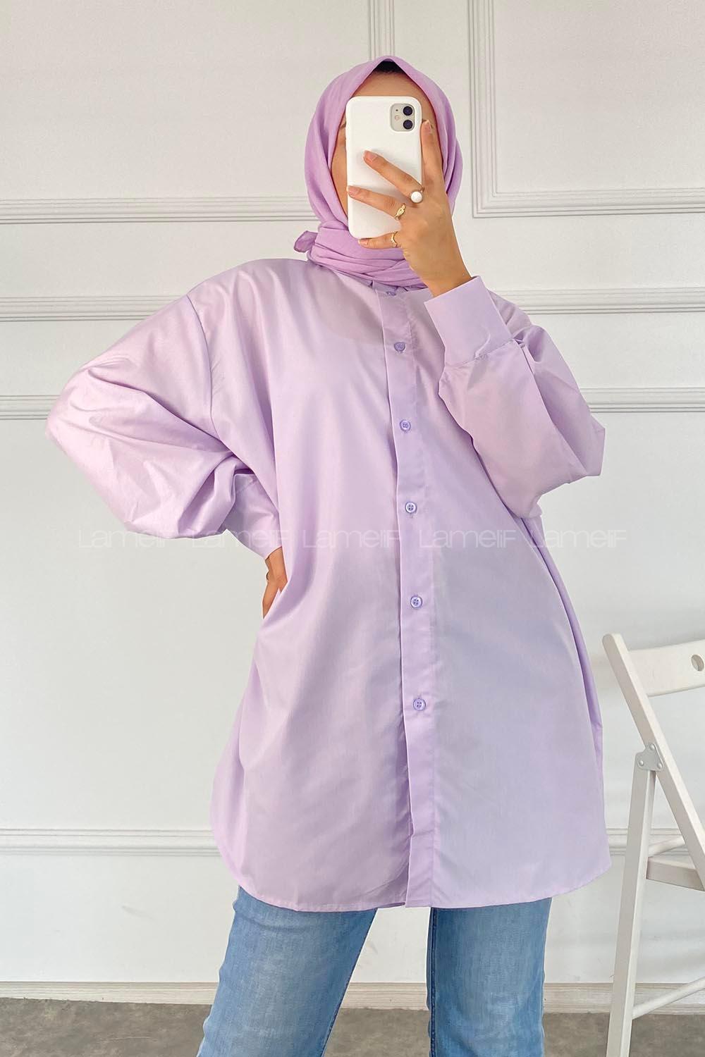 Modalamelif Önü Arka Düğme Detaylı Gömlek Tunik Lila