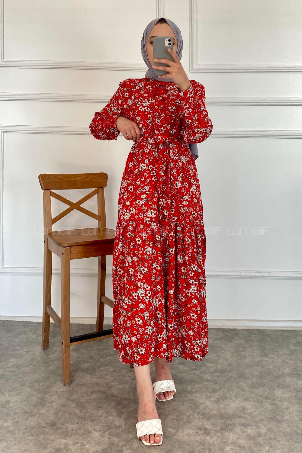 Modalamelif Önü Boydan Düğmeli Çiçek Desenli Elbise Kırmızı