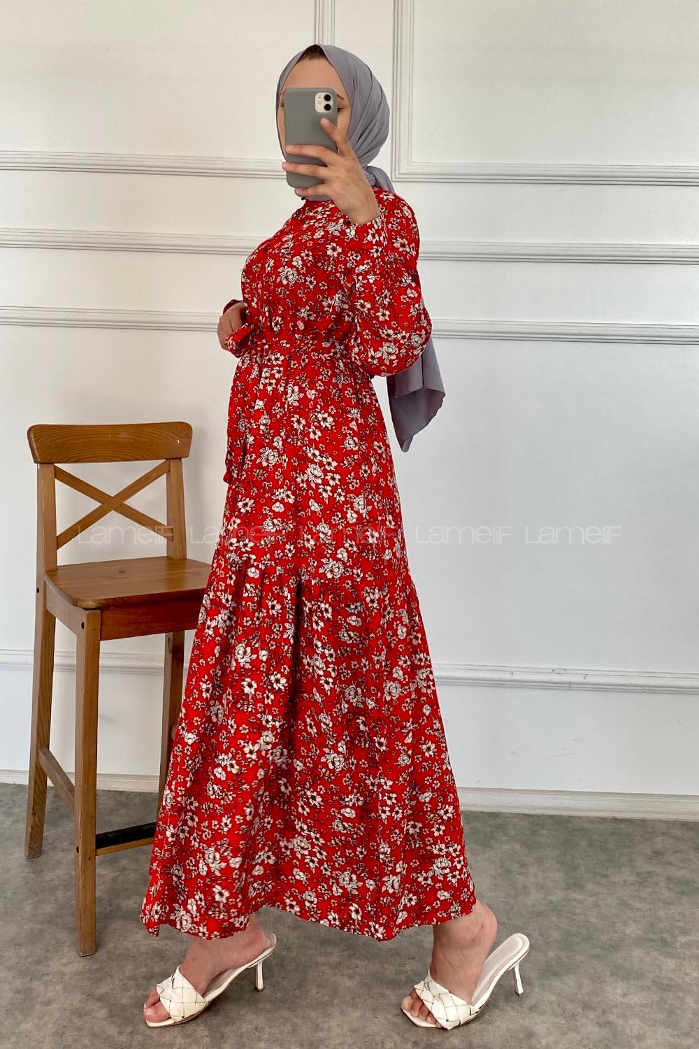 Modalamelif Önü Boydan Düğmeli Çiçek Desenli Elbise Kırmızı