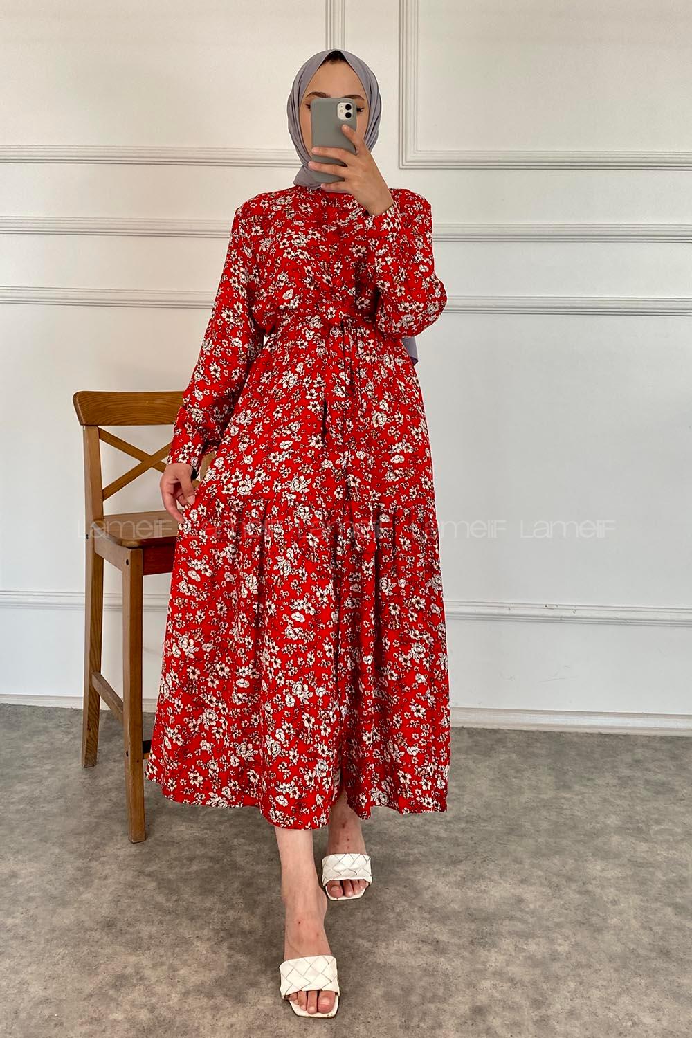 Modalamelif Önü Boydan Düğmeli Çiçek Desenli Elbise Kırmızı