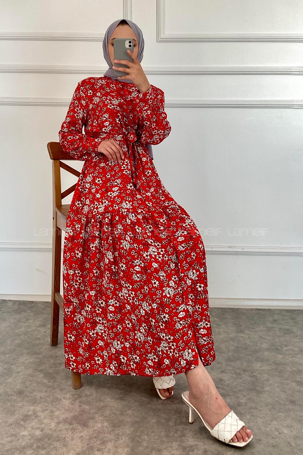 Modalamelif Önü Boydan Düğmeli Çiçek Desenli Elbise Kırmızı
