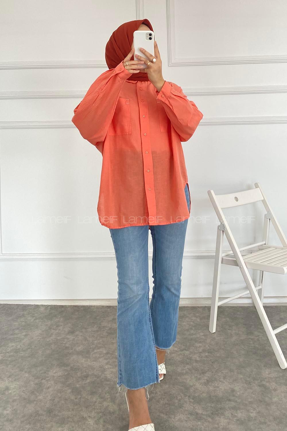 Modalamelif Önü Çift Cepli Düğmeli Gömlek Turuncu