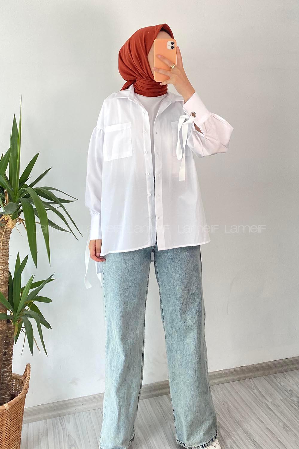 Modalamelif Önü Düğmeli Kuş Gözlü Gömlek Beyaz