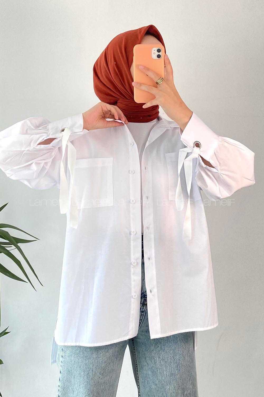 Modalamelif Önü Düğmeli Kuş Gözlü Gömlek Beyaz