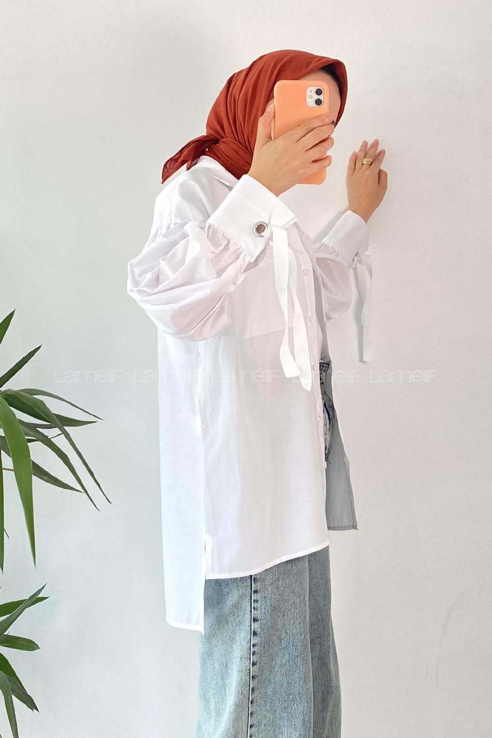 Modalamelif Önü Düğmeli Kuş Gözlü Gömlek Beyaz