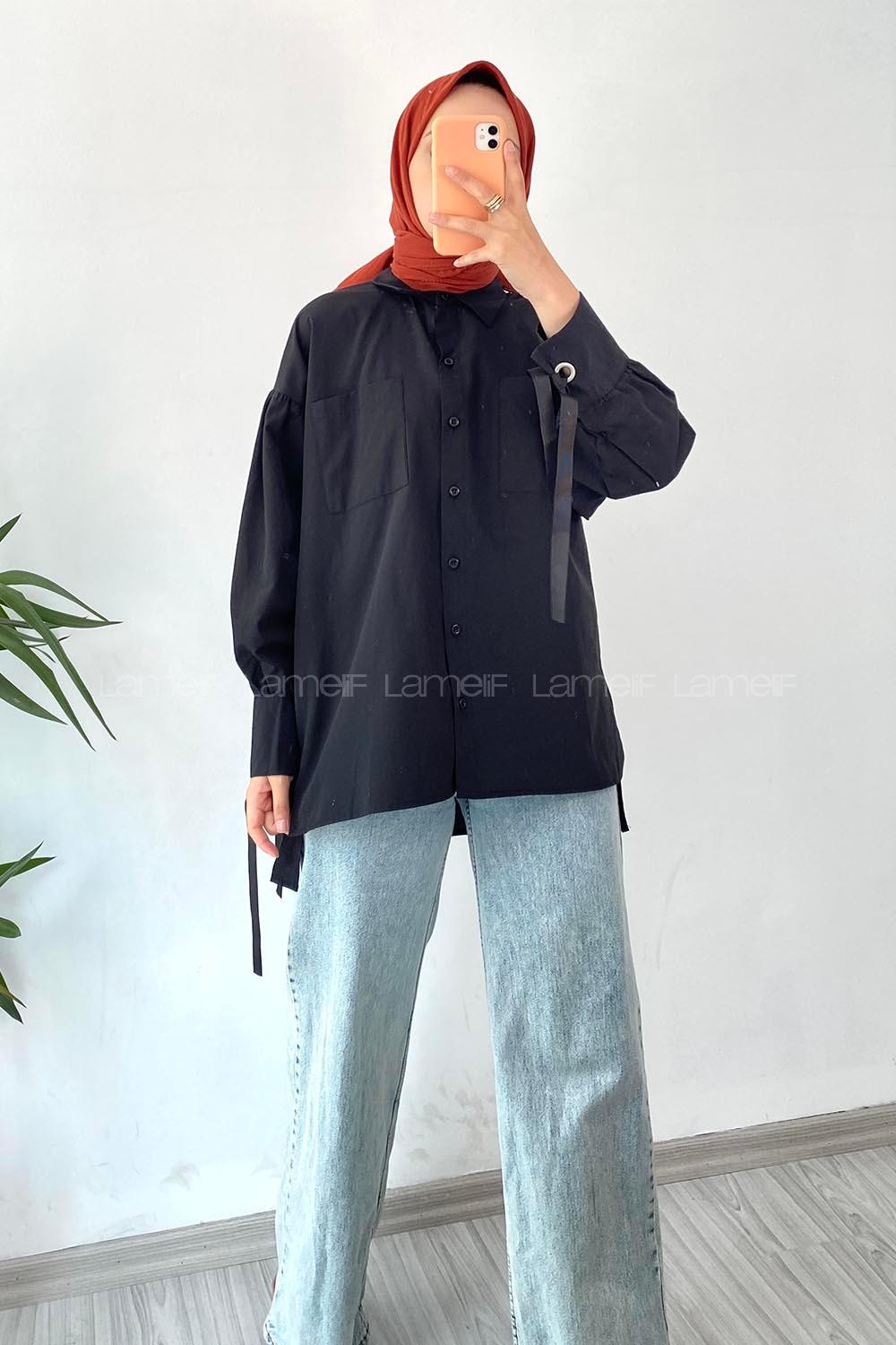 Modalamelif Önü Düğmeli Kuş Gözlü Gömlek Siyah