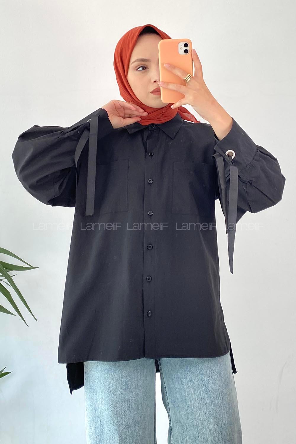 Modalamelif Önü Düğmeli Kuş Gözlü Gömlek Siyah