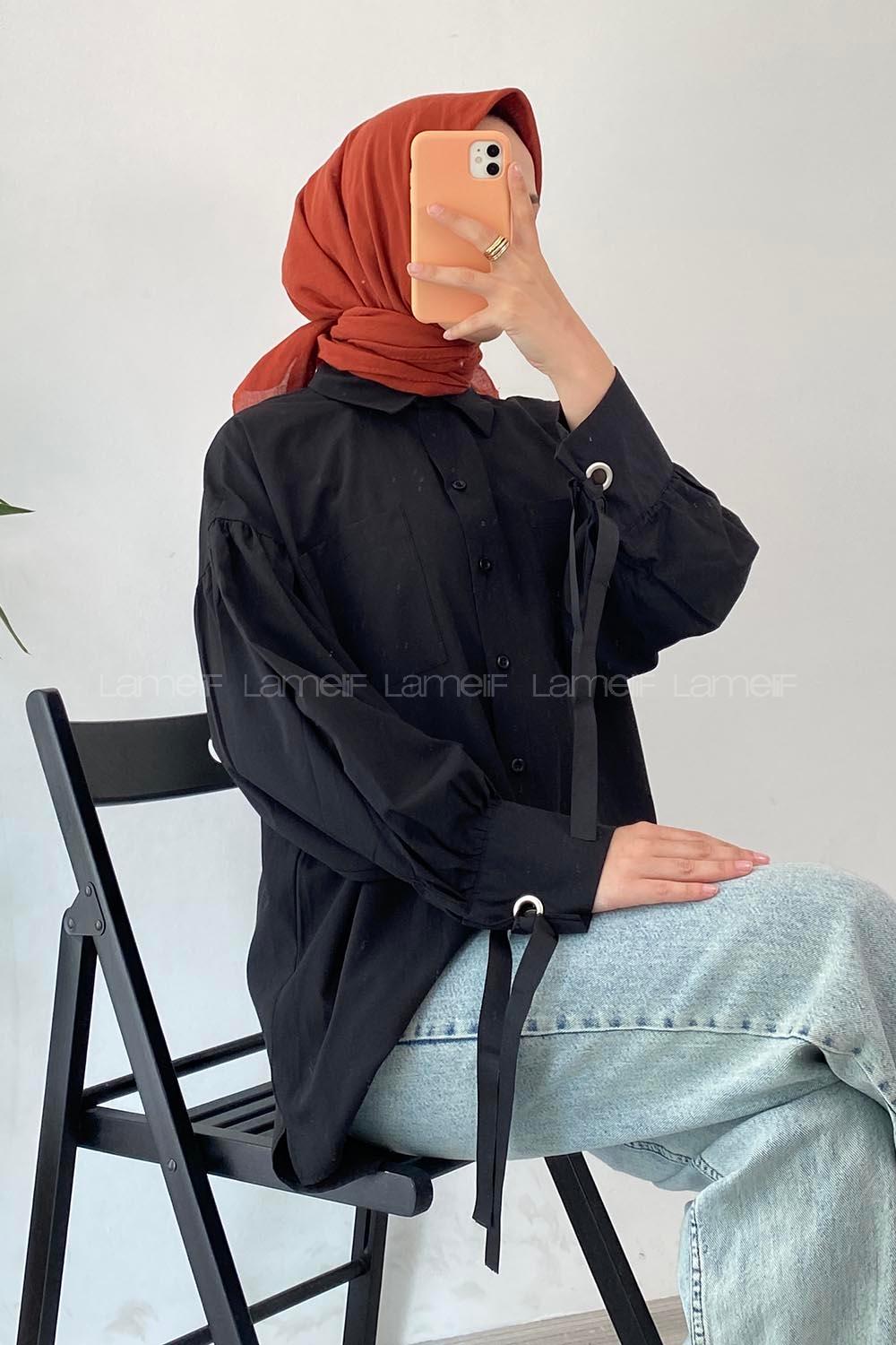 Modalamelif Önü Düğmeli Kuş Gözlü Gömlek Siyah