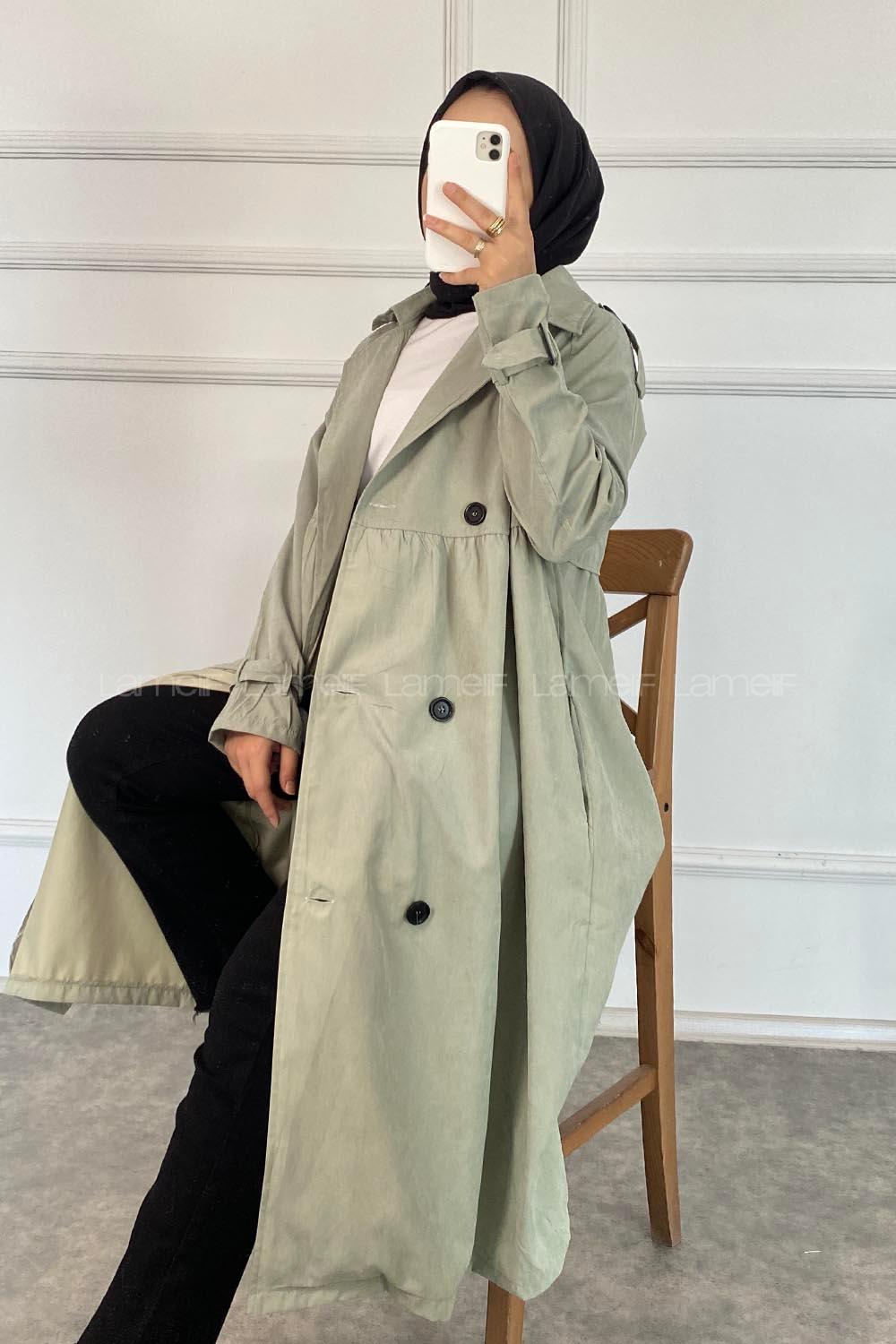 Modalamelif Önü Düğmeli Yandan Cepli Trenç Mint