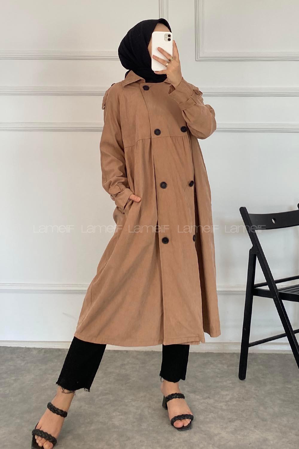 Modalamelif Önü Düğmeli Yandan Cepli Trenç Soft Kahve