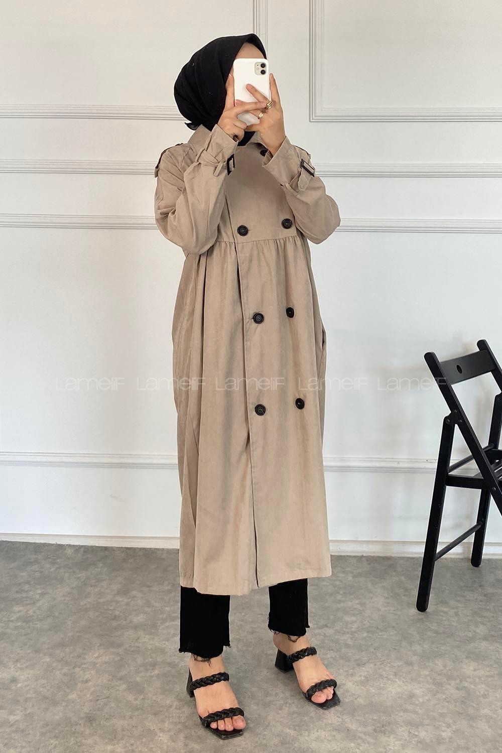 Modalamelif Önü Düğmeli Yandan Cepli Trenç Vizonrengi