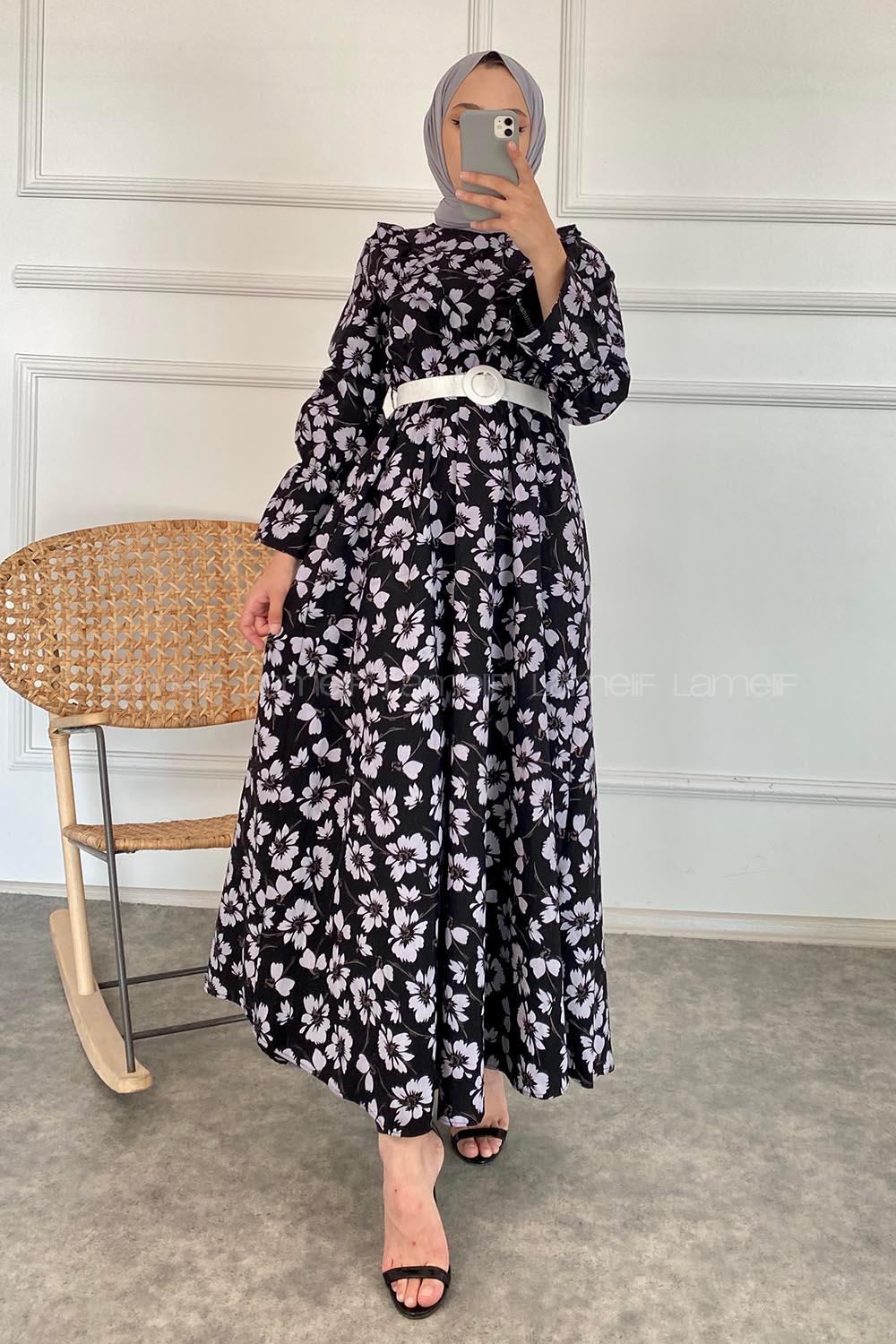 Modalamelif Önü Fırfır Detaylı Beli Kemer Bağlamalı Desenli Elbise Siyah