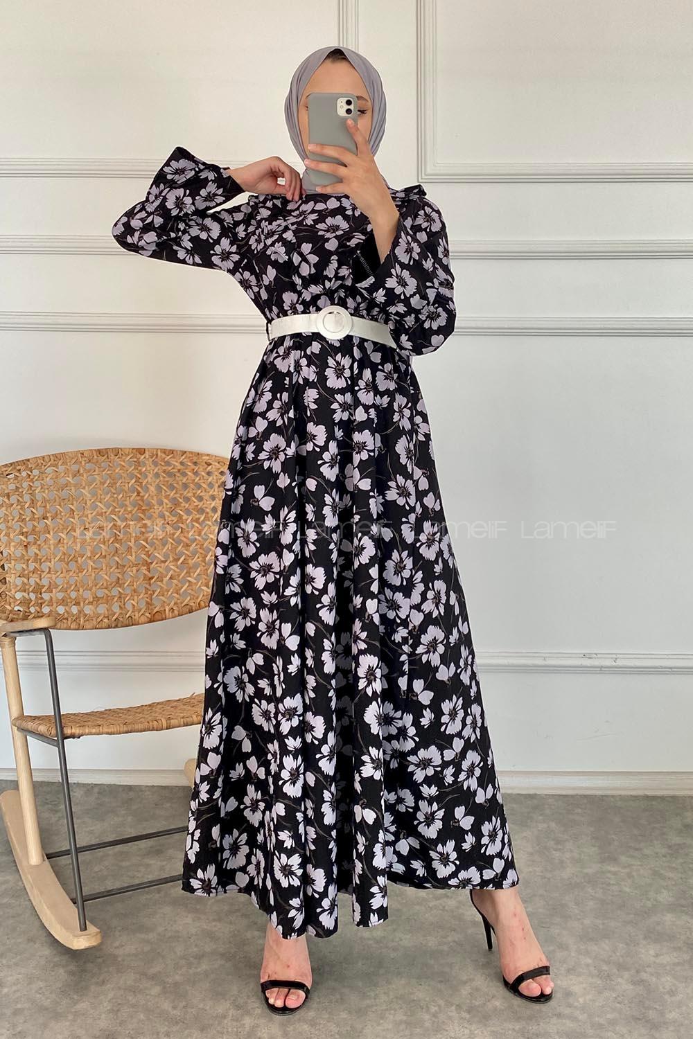Modalamelif Önü Fırfır Detaylı Beli Kemer Bağlamalı Desenli Elbise Siyah