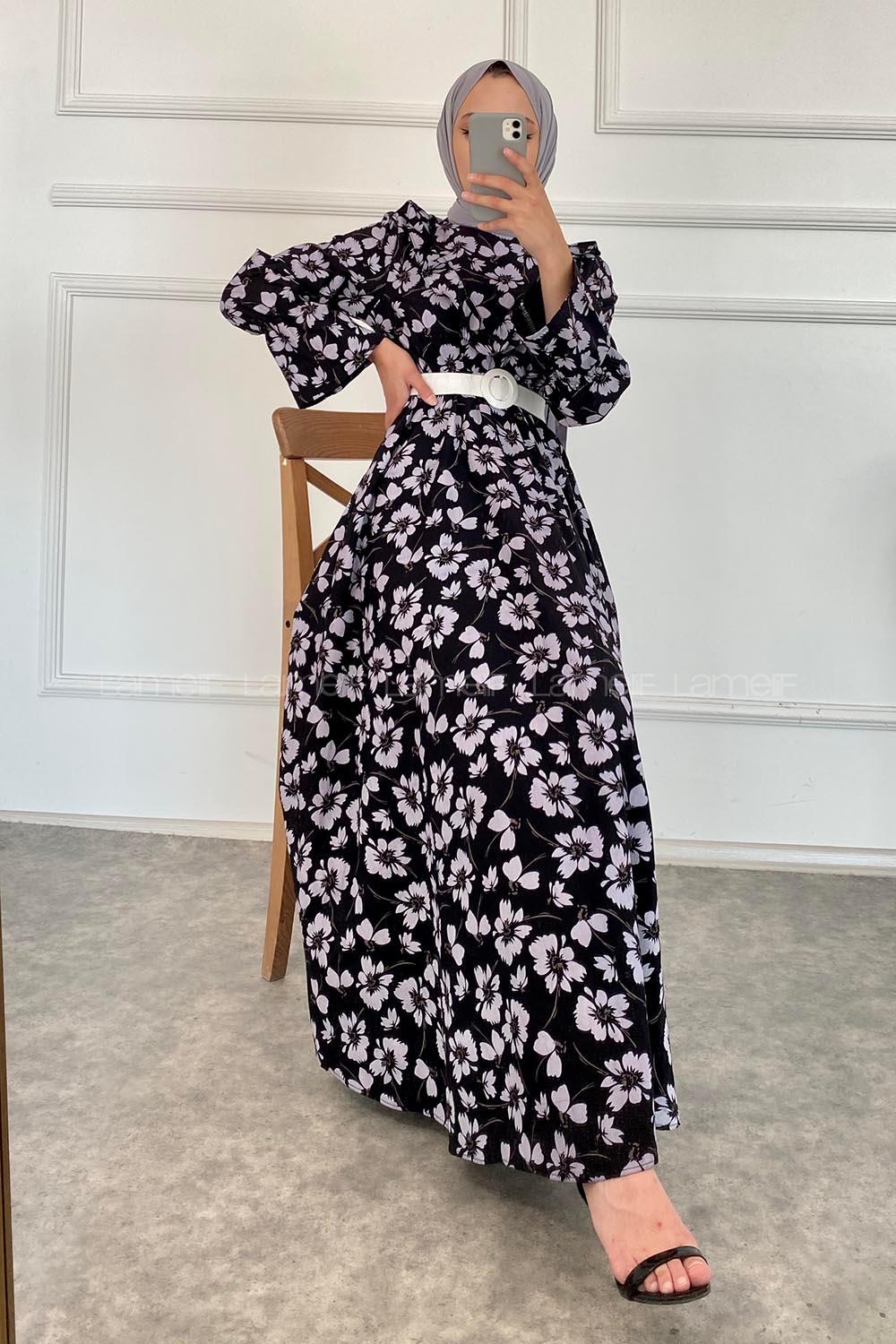 Modalamelif Önü Fırfır Detaylı Beli Kemer Bağlamalı Desenli Elbise Siyah