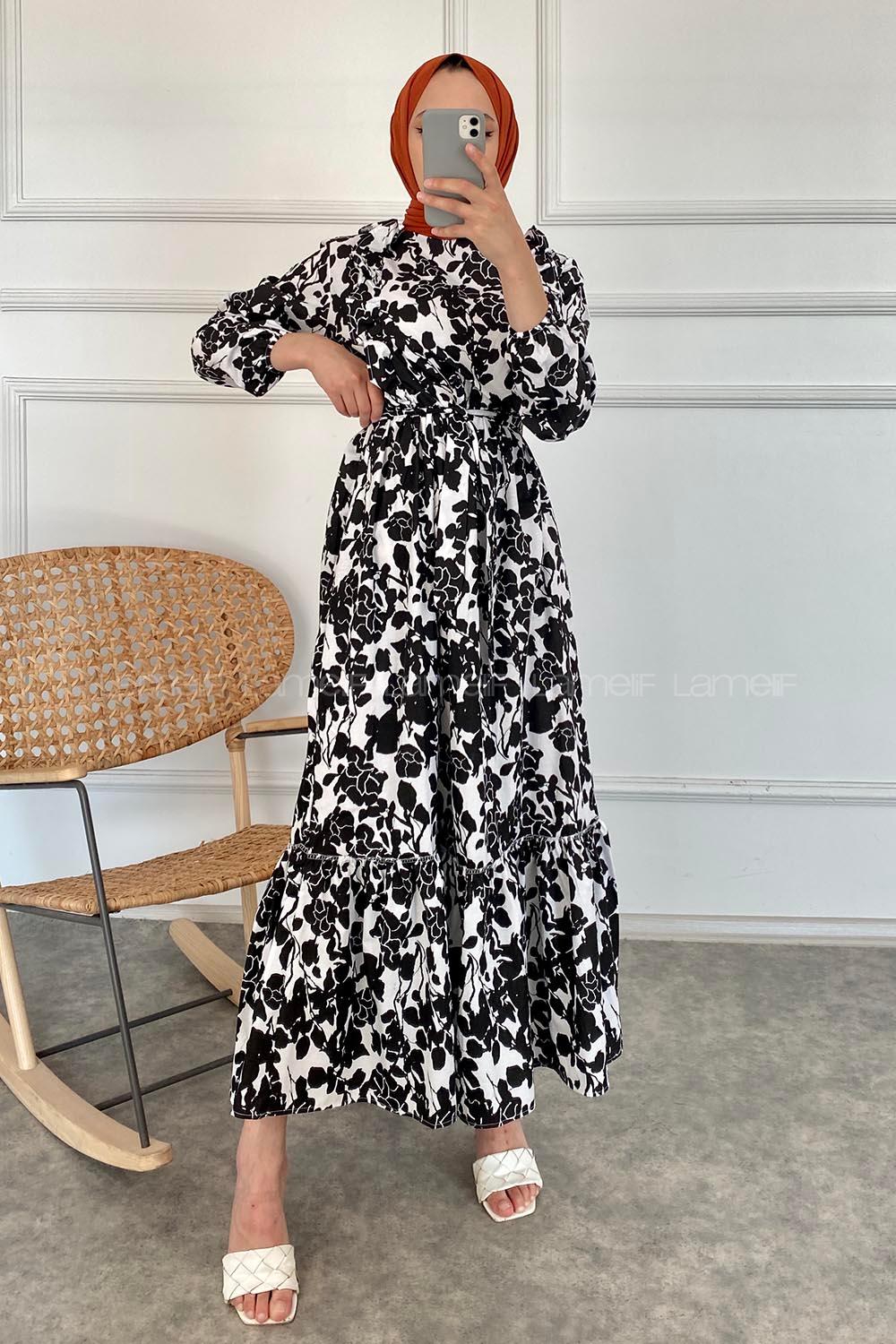 Modalamelif Önü FırFır Detaylı Beli Lastikli Kuşaklı Soyut Model Elbise Siyah