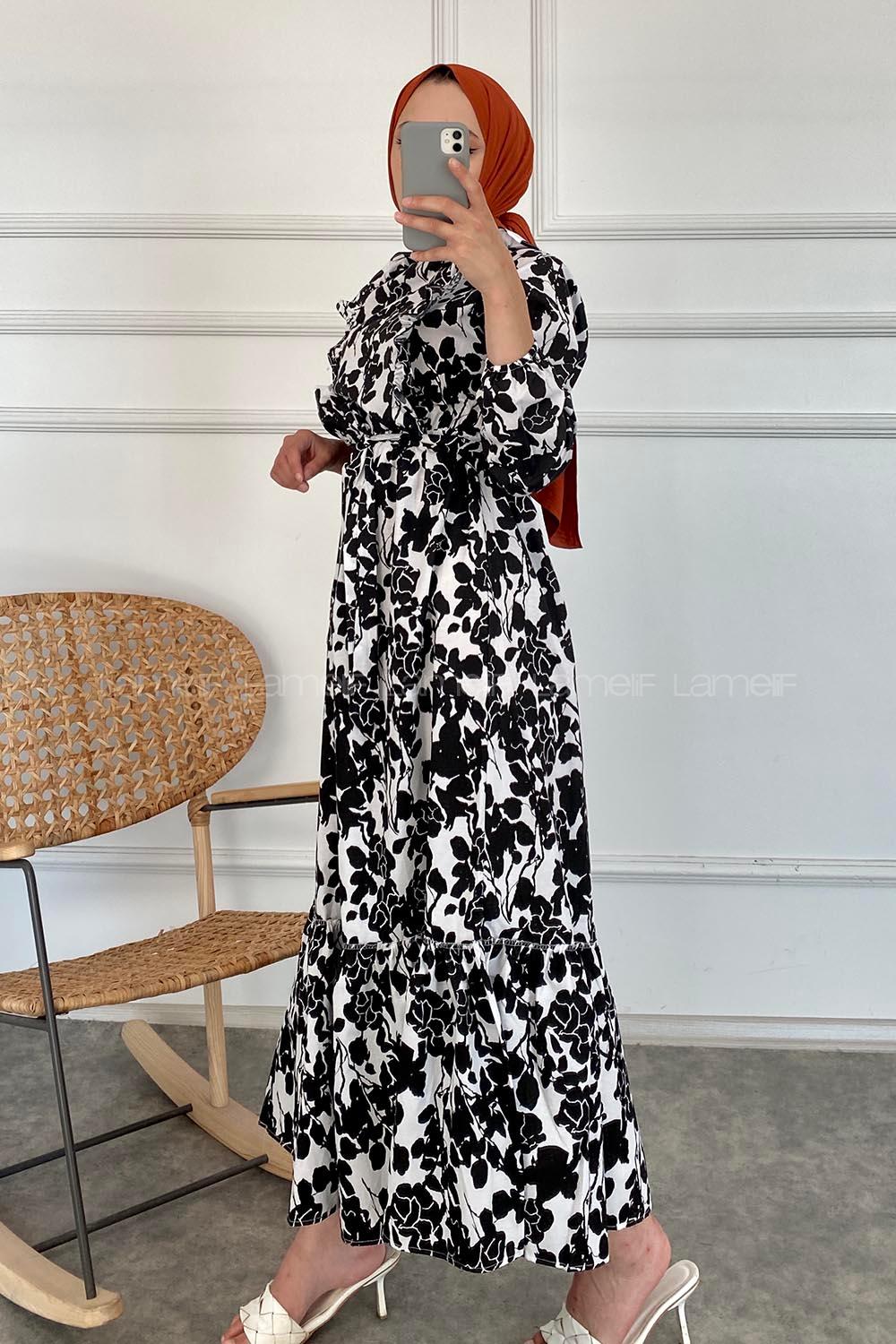 Modalamelif Önü FırFır Detaylı Beli Lastikli Kuşaklı Soyut Model Elbise Siyah