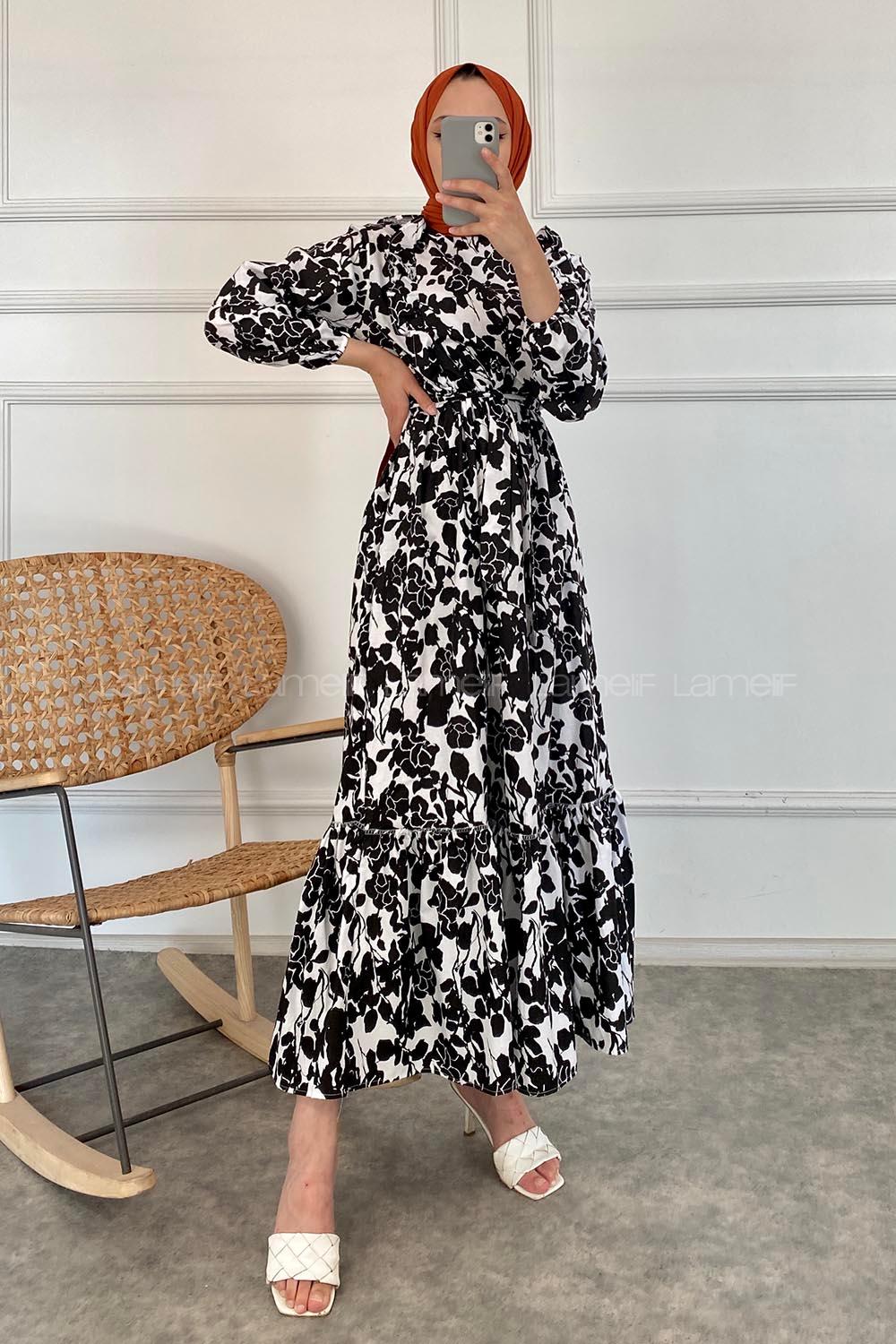 Modalamelif Önü FırFır Detaylı Beli Lastikli Kuşaklı Soyut Model Elbise Siyah