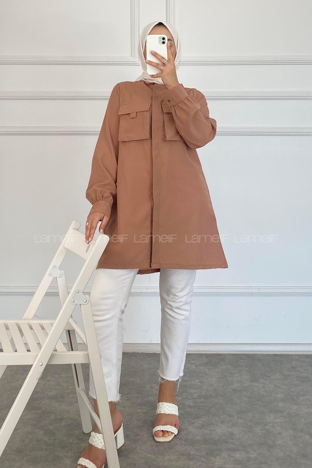 Modalamelif Önü Gizli Düğmeli Kapak Cepli Gömlek Somon