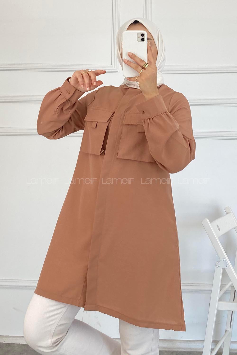 Modalamelif Önü Gizli Düğmeli Kapak Cepli Gömlek Somon