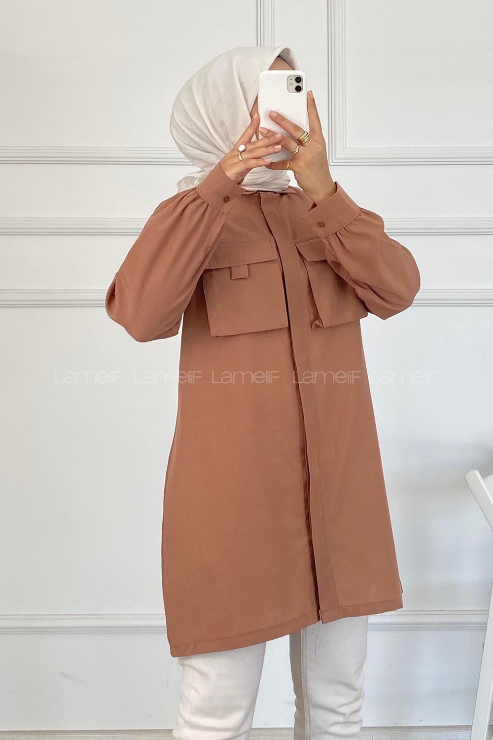 Modalamelif Önü Gizli Düğmeli Kapak Cepli Gömlek Somon