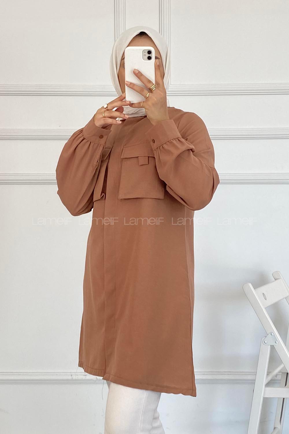 Modalamelif Önü Gizli Düğmeli Kapak Cepli Gömlek Somon