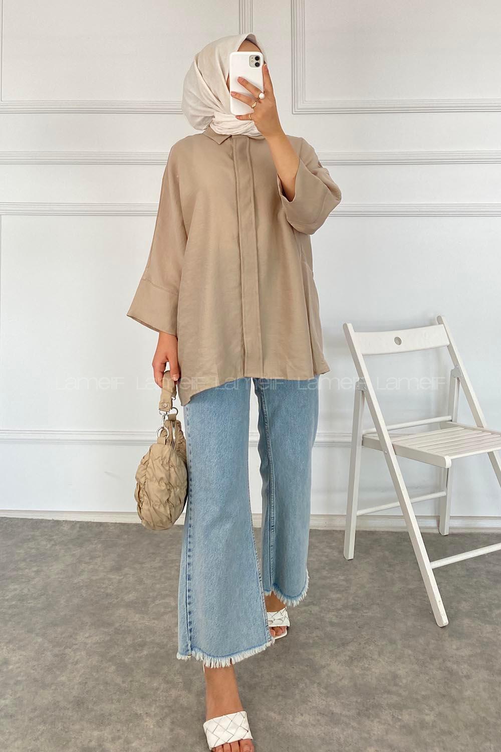 Modalamelif Önü Gizli Düğmeli Yara_sa Kol Gömlek Bej