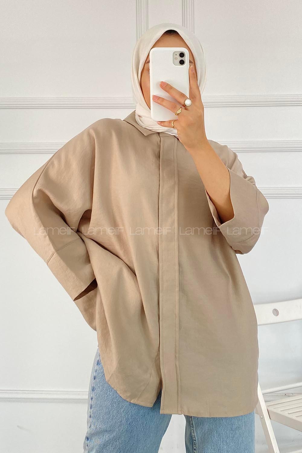 Modalamelif Önü Gizli Düğmeli Yara_sa Kol Gömlek Bej
