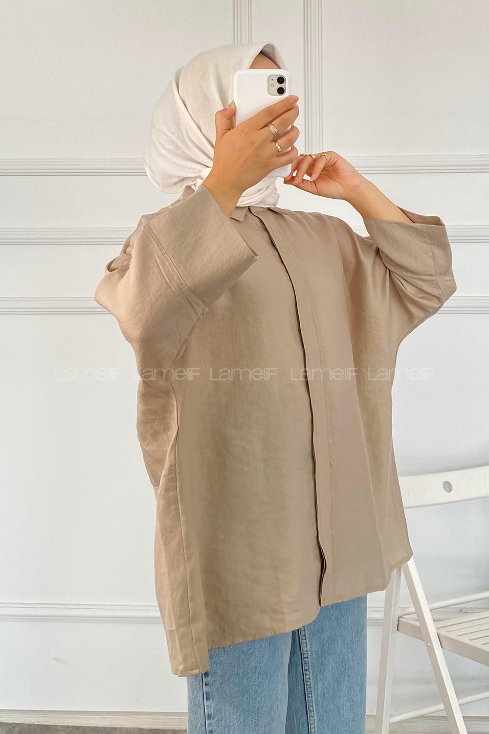 Modalamelif Önü Gizli Düğmeli Yara_sa Kol Gömlek Bej