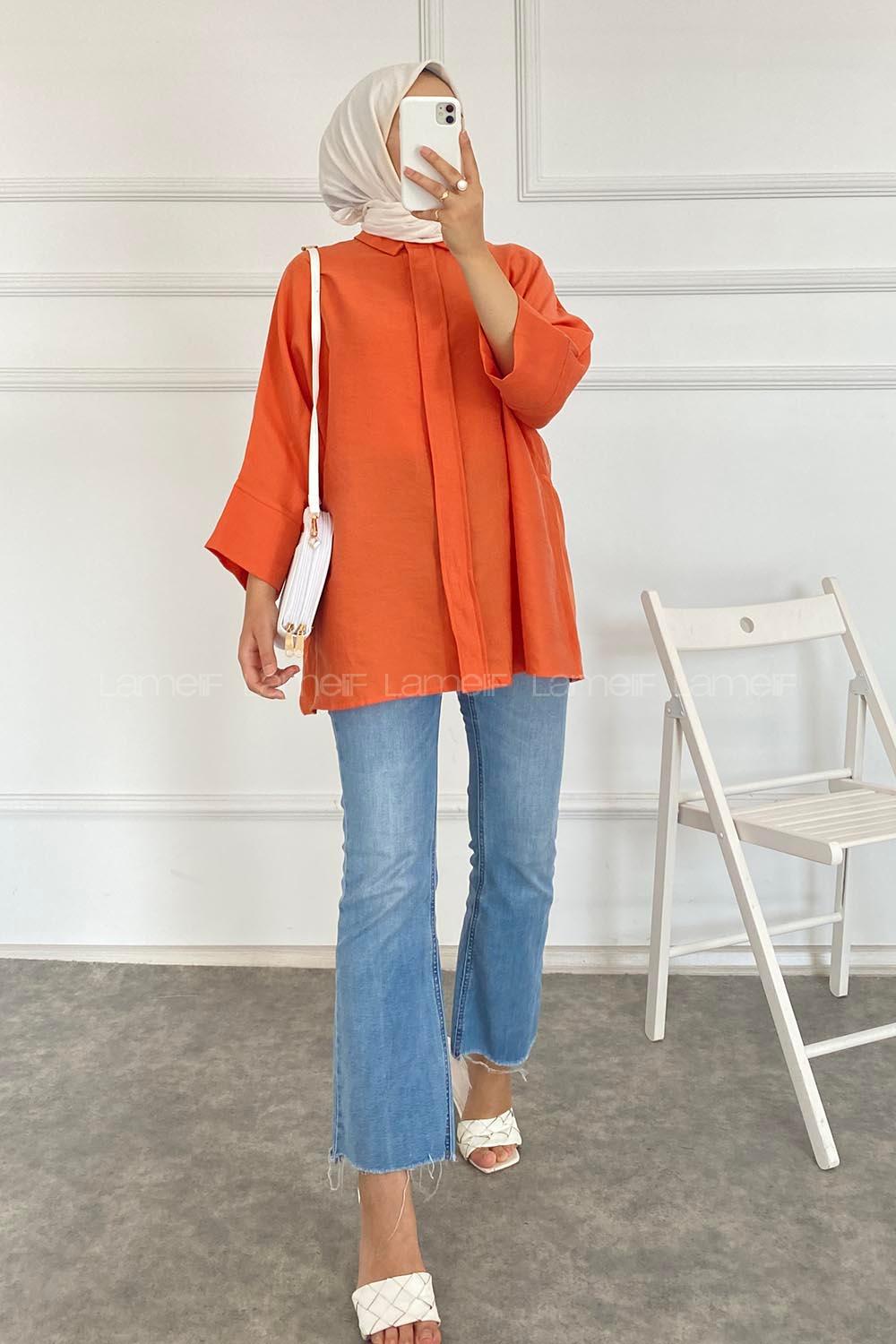 Modalamelif Önü Gizli Düğmeli Yara_sa Kol Gömlek Turuncu