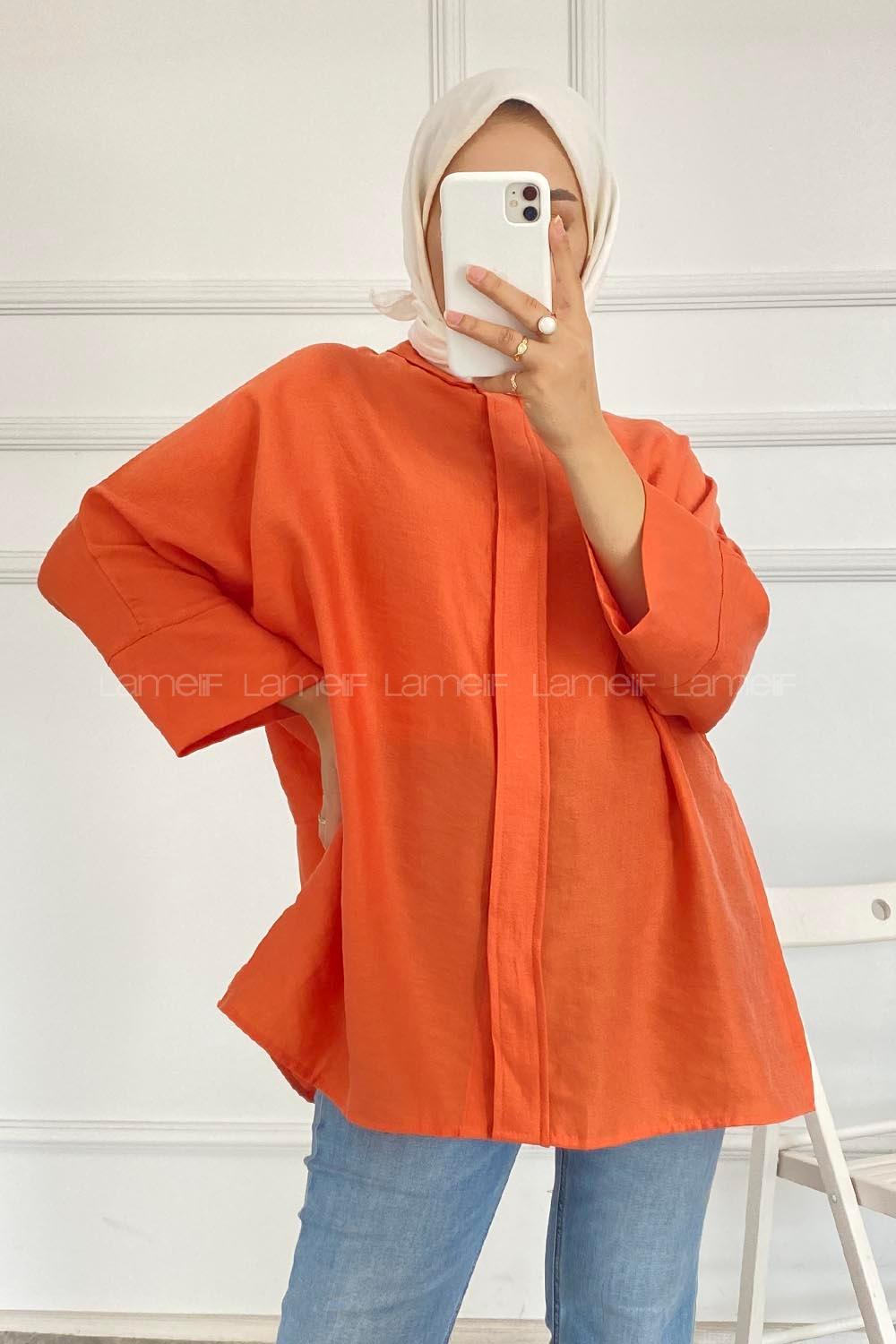 Modalamelif Önü Gizli Düğmeli Yara_sa Kol Gömlek Turuncu