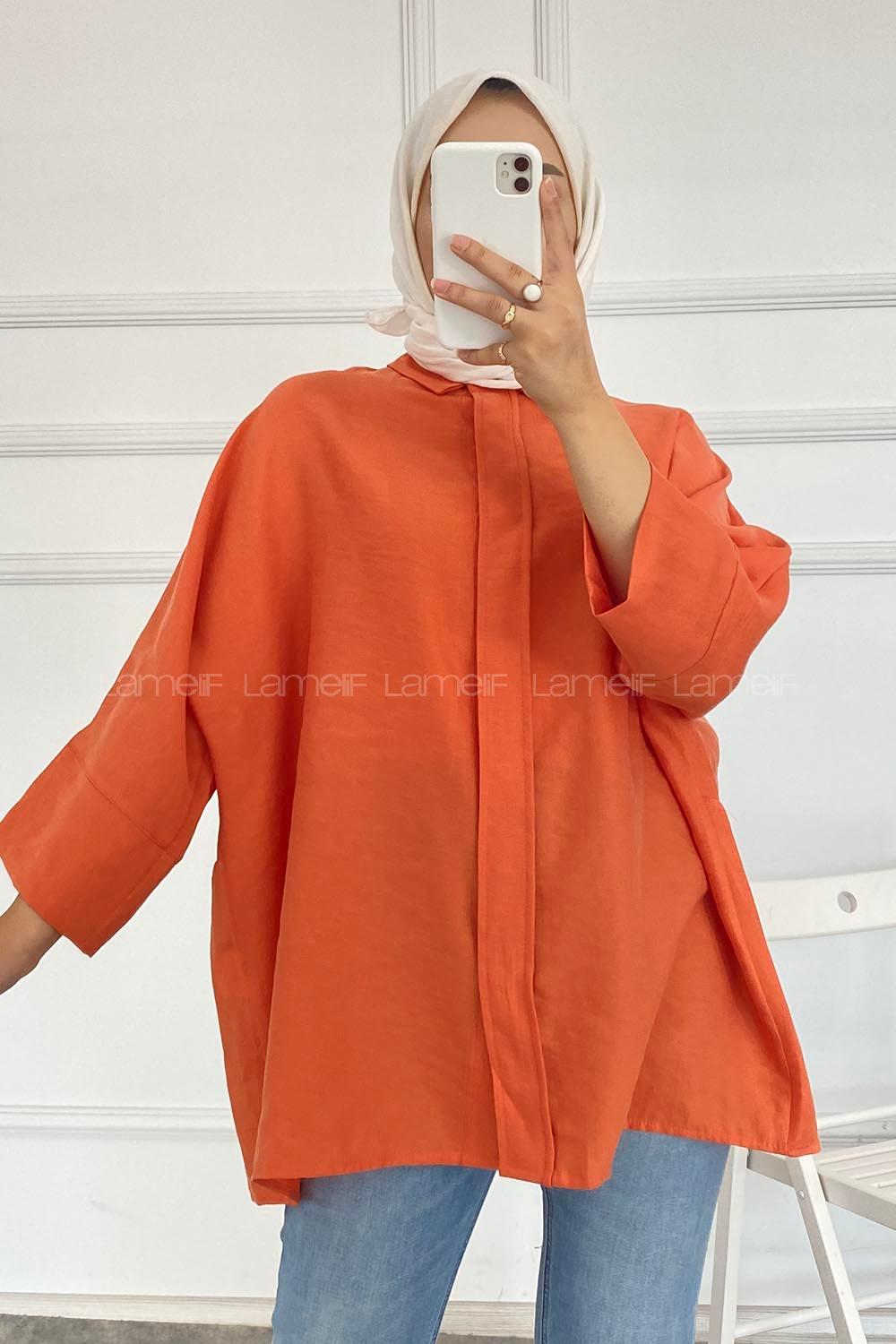 Modalamelif Önü Gizli Düğmeli Yara_sa Kol Gömlek Turuncu
